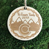 Colorado snowcapped Mountains personalized wood holiday ornament.