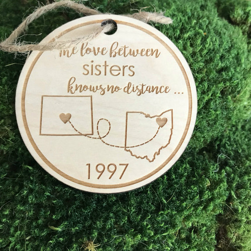 Love knows no distance personalized wood holiday ornament