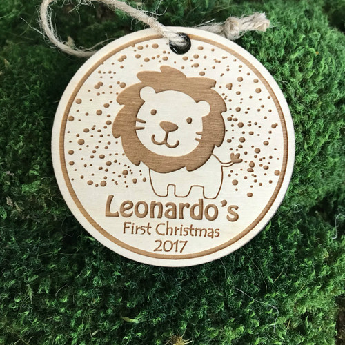 Toy Lion personalized wood holiday ornament.