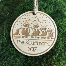 Snowman family of 4 and a pet personalized wood holiday ornament.