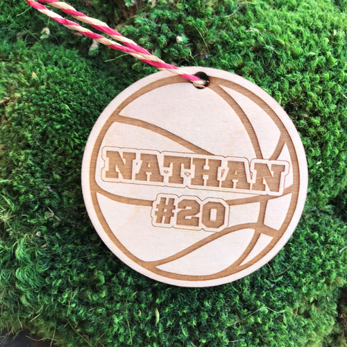 Basketball personalized wood holiday ornament.