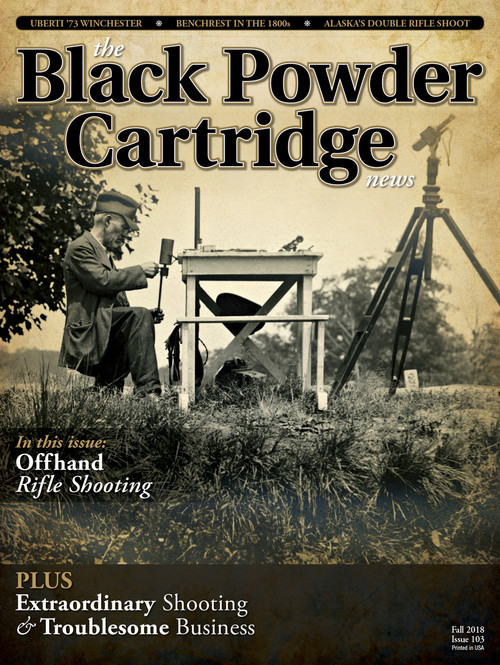 This issue's cover comes to us from Tom Rowe and Leo Remiger. Students of the single shot rifle will recognize the great Harry Pope busy at an "in the field" loading bench, no doubt loading for one of his breech-muzzleloaders. The photo clearly shows a Pope duplex powder measure and what looks like an altered surveyor's tripod to support his spotting telescope. The type of rifle Harry is using can't be made out; possibly a Steven's Schuetzen, as the photo might have been taken while Harry was in the employ of Stevens Arms and Tool Company. It looks like Mr. Pope is practicing his offhand shooting, from the layout of his reloading bench. 
Check out the article in this issue written by Harry Pope for "Arms and the Man" magazine. It is full of good advice and tips from arguably the best offhand shot in the good old days of Schuetzen shooting. The only thing that has changed from then to now is the calendar - Harry's recommendations are still just as relevant.