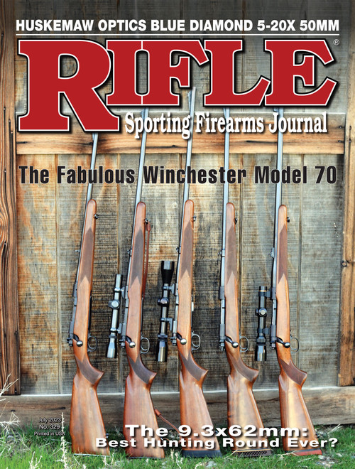 The Winchester pre-'64 Model 70 was offered in many calibers and configurations (left to right): the Featherweight 30-06, Elmer Keith's personal standard-weight 30-06 with a high-comb stock, 300 H&H Magnum with a low-comb stock, 338 Winchester Magnum and 375 H&H Magnum. Photo by Brian Pearce. 