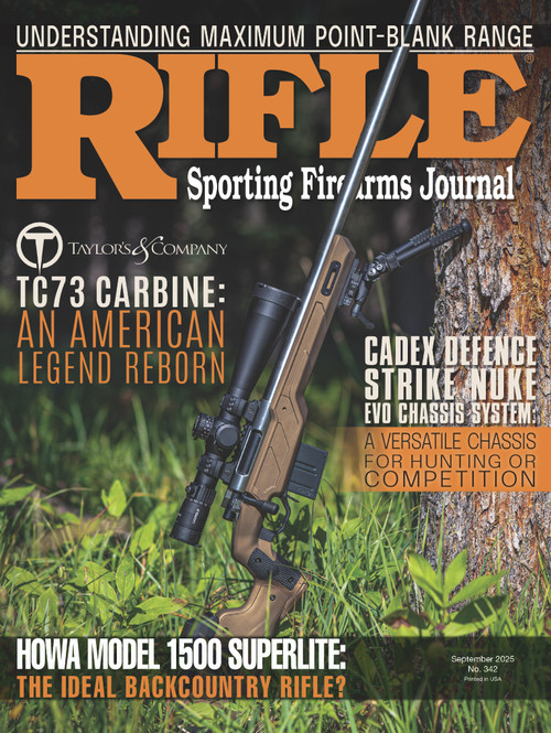 About the Cover:
A Pristine Short Action in a Cadex Defence Strike Nuke Evo chassis in Burnt Bronze CERAKOTE with a 28-inch M24 contour PROOF Research 1:7.5 twist stainless barrel. A Leupold Mark 5HD 7-35x 56mm optic with a PR2-MIL reticle was mounted in MDT Elite scope rings. The bipod mounted on the chassis is an Atlas BT65 Gen. 2 CAL. Photo by Justin Foster.