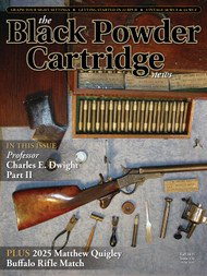 The cover of The Black Powder Cartridge News Issue No. 131 features a classic vintage black powder cartridge rifle displayed with period-correct shooting and reloading accessories. Carefully arranged on a textured surface are tools of the trade, including bullet molds, reloading implements, a small mallet, and cartridges laid neatly in both open boxes and rows. Prominently positioned in the center is the rifle itself, showcasing its rich wooden stock and patinaed metalwork, representing both craftsmanship and history. The backdrop emphasizes authenticity and heritage, paying tribute to traditional black powder shooting.
