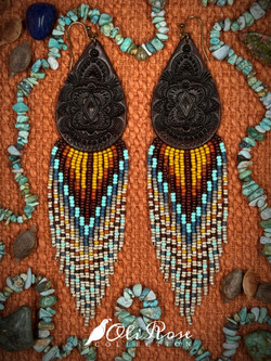 Large Tear Drop Whimsical  Beaded Leather Earrings 