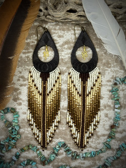 Creme/Brown ++Snake Medicine++ Beaded Leather Earrings
