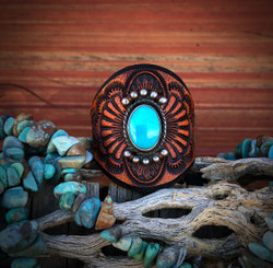 Fanned Blue Gem Turquoise Leather Ring in Rustic Brown
