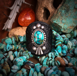 Squash Blossom -New Lander Turquoise Leather Ring