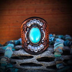  Vintage Royston Turquoise Scalloped Leather Ring (Rustic Brown)