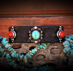 Turquoise and Coral Leather Bangle (Black)