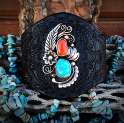 Turquoise and Coral Floral Feathered Leather Cuff