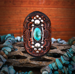 "The Shrine" Royston Turquoise Leather Ring- Sized for 7- 7.5