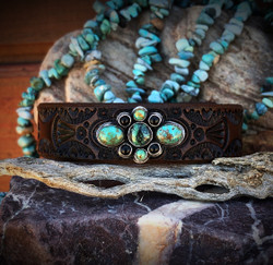Turquoise and Onyx Leather Bangle (Dark Brown)