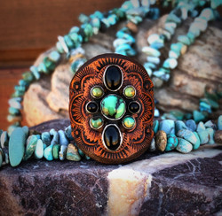 Turquoise and Onyx Flower Cluster Leather Ring