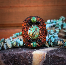 Leather Ring with Boulder Kingman Turquoise and Onyx
