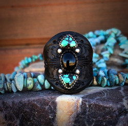 Triangular Tibetan Turquoise Leather Ring 
