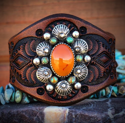 Carnelian and Turquoise Floral Wreath Leather Cuff