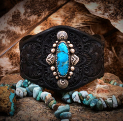 Marbled Kingman Turquoise Leather Cuff (Midnight Black)