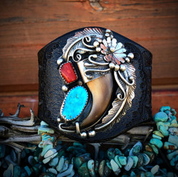  Turquoise and Coral  Leather Cuff with Claw ( Midnight Black)