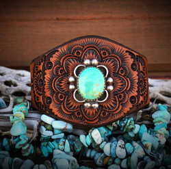  Floral Mandala Leather Cuff with Boulder Kingman Turquoise