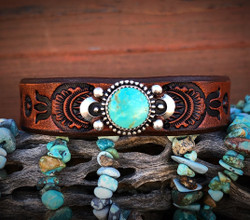 Crescent Moons with Kingman Round Turquoise Leather Bangle (Rustic Brown)
