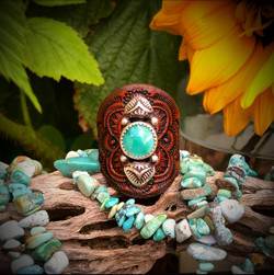 **Kingman Round Turquoise** Leather Ring (Rustic Brown)