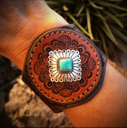 Two-Toned Diamond Turquoise Leather Cuff