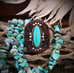 **Vibrant Kingman Turquoise Leather Ring (Rustic Brown)