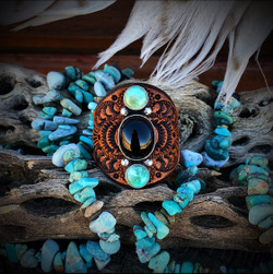 * Tri-Stone* Leather Ring ( Onyx with Kingman Turquoise) in rustic brown