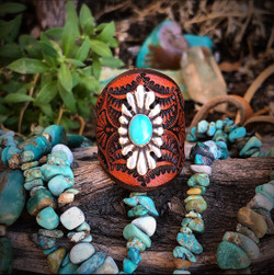 Floral Turquoise Leather Ring (Rustic Brown)