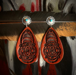 **Turquoise Concho Leather Earrings (Rustic Brown)