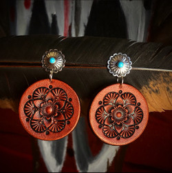 Turquoise Concho Wild Flower Leather Earrings 