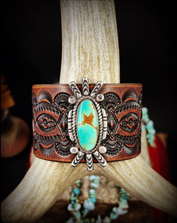 Vintage  Turquoise Leather Cuff 