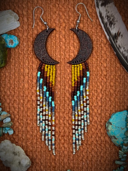Crescent Moon  Beaded Leather Earrings 