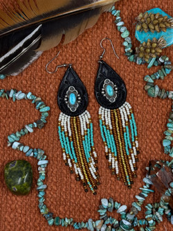 Majestic Turquoise Beaded Leather Earrings 