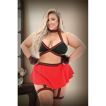 #Squad Goals Cheerleader Costume 3x/4x Bralette, Skirt Panty, With Detachable Leg Garter and Pom Pom Wristlets 3X/4X Black and Red