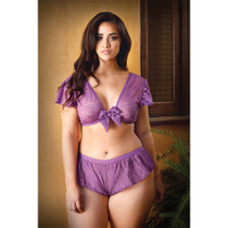 Curve Kate Lace Tie Front Crop Top with Matching Tap Panty 1X/2X Amethyst