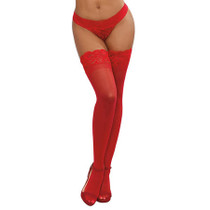 Dreamgirl Sheer Thigh-High Stockings with Silicone Lace Top Red OS
