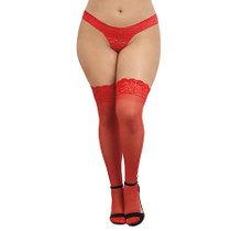 Dreamgirl Plus-Size Sheer Thigh-High Stockings With Silicone Lace Top Red Queen