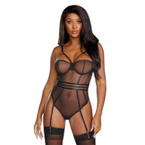 Sheer Stretch Mesh Snap Crotch Teddy With Removable Garters Black Medium Hanging