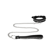 Ouch! Diamond Studded Faux Leather Collar With Leash Black