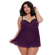 Dreamgirl Stretch Mesh and Lace Babydoll Plum Queen 1X Hanging