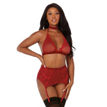 Dreamgirl Fishnet and Lace Four-Piece Set With Stretch Velvet Trim Accents Garnet OS