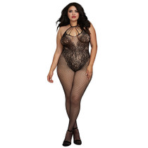 Dreamgirl Fishnet Bodystocking with Knitted Teddy Design, Strappy Neckline, Adjustable Halter Ties and Open crotch Black Queen