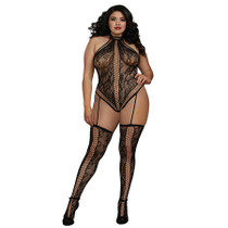 Dreamgirl Lace Teddy Bodystocking With Criss-Cross Details, Halter Neckline Black Queen
