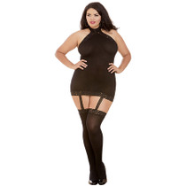 Dreamgirl Semi-Sheer Halter Garter Dress With Snap-Neck Closure and Thigh-Highs Black Queen