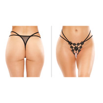 Aster Crotchless Strappy Flower Pearl Thong Black L/XL