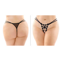 Aster Crotchless Strappy Flower Pearl Thong Black Queen