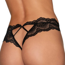 DG Lace Tanga Open-Crotch Panty and Elastic Open Back Detail Black L